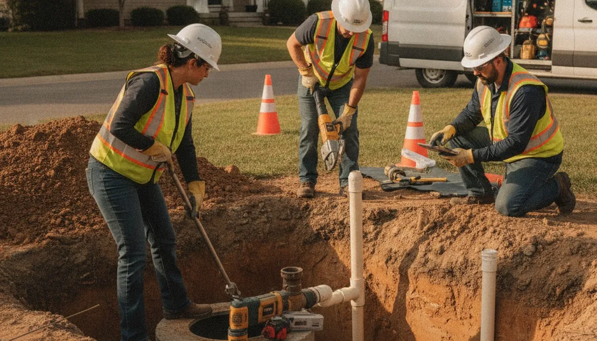 Plymouth, MA plumbers inspecting a septic system for repair on a home property