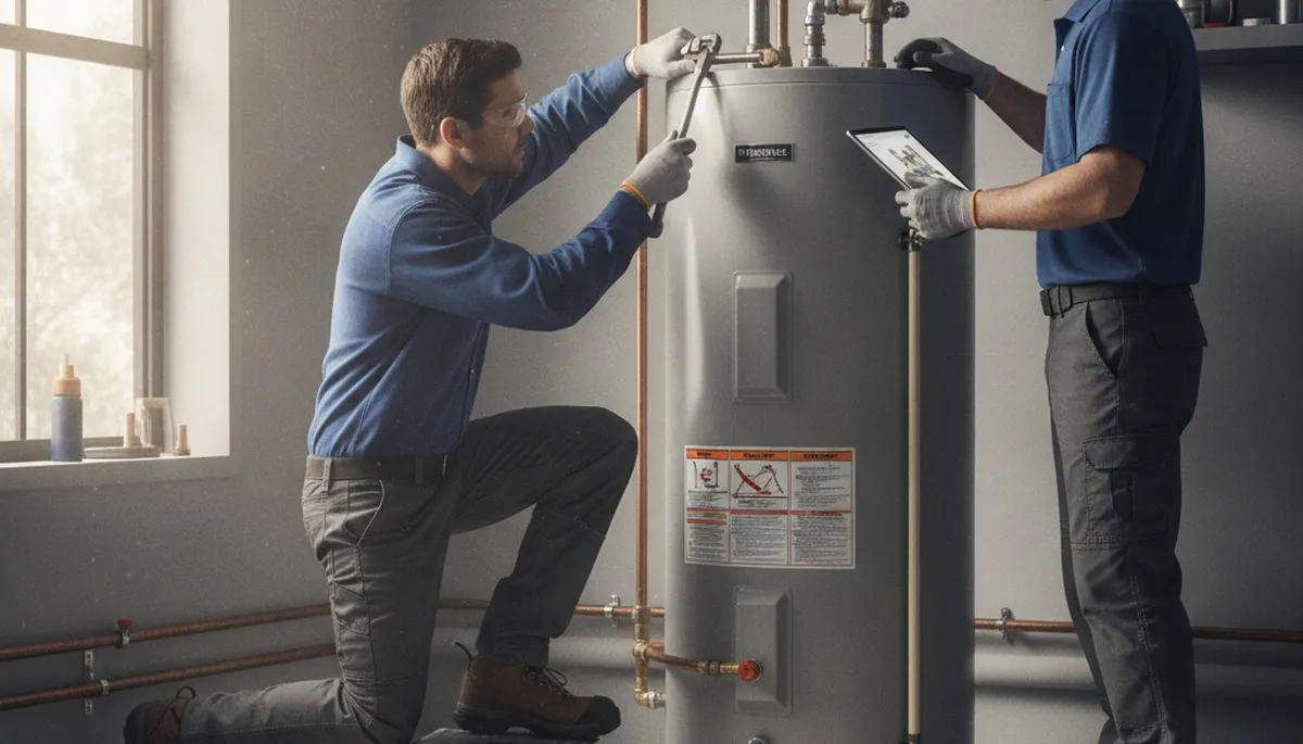Plumbers repairing a water heater in Plymouth, MA for reliable home plumbing service